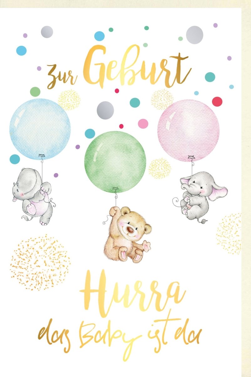 Geburtskarte für Neugeborene - Glückwunschkarte Babyshower mit Elefant & Bär, Babykarte mit Konfetti & Luftballons, Gratulationskarte zur Babyparty