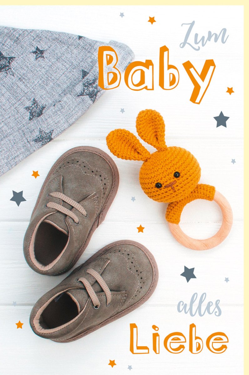 Geburtskarte für Neugeborene - Glückwunschkarte mit Babyschuhen, Beißring & Mütze Motiv, Orange Babykarte zur Gratulation für Eltern, Ideal als Babygeschenk & Kinderzimmer Dekoration