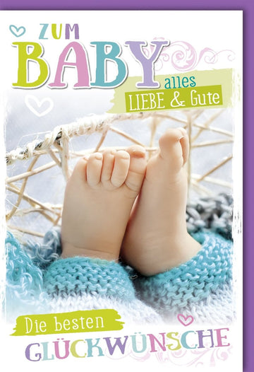 Geburtskarte für Neugeborene - Herzlichen Glückwunsch Babykarte mit Babyfüßen Motiv, Glückwunschkarte zur Geburt, Babyparty Grußkarte, Welcome Newborn Gratulationskarte, Doppelkarte Babyglück