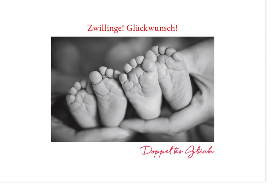 Geburtskarte für Zwillinge - Doppeltes Glück Babyfüße Gratulationskarte, Geschwister Grußkarte, Twins Neugeborene Glückwunsch