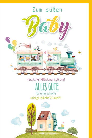 Geburtskarte "Welcome Baby" - Bunte Glückwunschkarte mit Zug Illustration, Gratulationskarte für Neugeborenes, Babygeburt Grußkarte