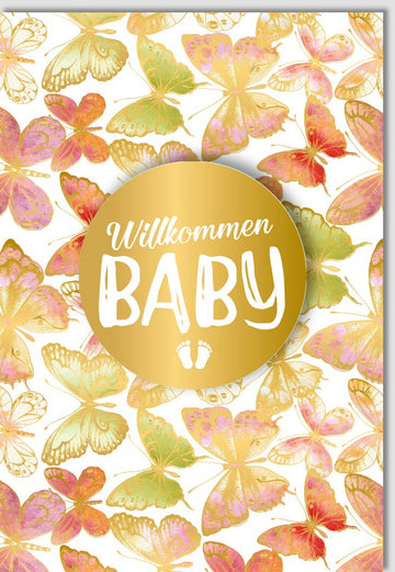 Geburtskarte zur Gratulation: Glückwunsch Baby Doppelkarte mit Schmetterlingen und Gold - Applikation, Bunte Pastellfalten - Design, Hochwertige Papeterie für Neugeborenes, Festliche Willkommens - Geburtskarte