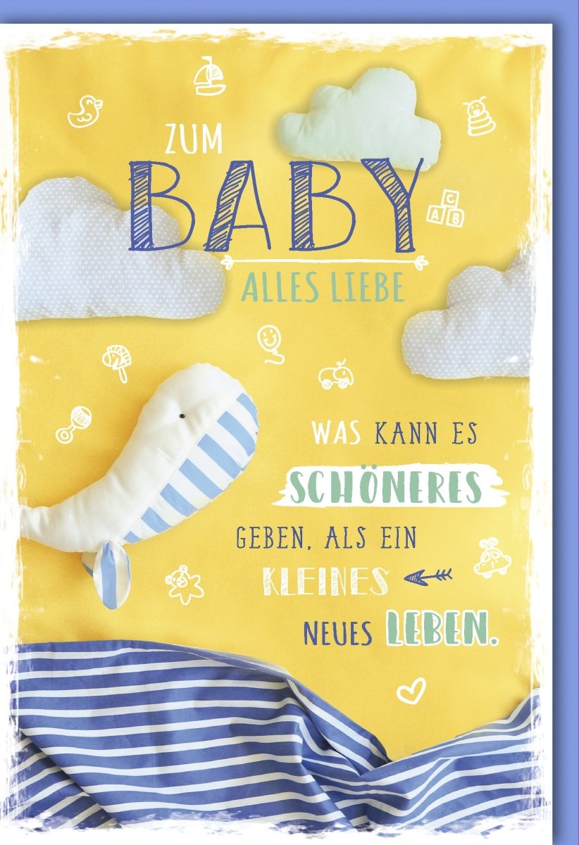 Geburtskarten Doppelkarte: Herzliche Glückwunschkarte zur Geburt eines Babys, Neutrale Gratulationskarte mit Wolken, Storch & Schnuller Motiv, Ideal für Babyshower, Junge & Mädchen - "Herzlich Willkommen" Babygeschenk