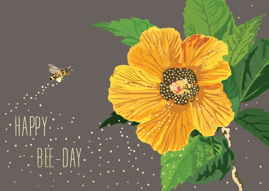 Geburtstag Biene - Design Postkarte - "Bee - Day" Witziger Spruch, Gelb & Grün, Umweltfreundliche Glückwunschkarte mit Blumenillustration