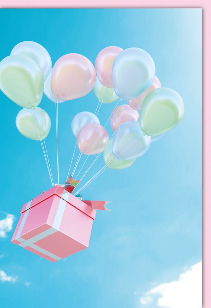 Geburtstag & Hochzeit Doppelkarte - Blanko Grußkarte mit Luftballons & Geschenkbox, Schwebend im Himmel Design, Pastellfarben Blau Rosa, Ideal für Jubiläum, Einladung & Überraschung, Glückwunsch Neutral Ohne Text für Erwachsene & Kinder