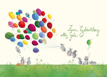 Geburtstag Postkarte Mäuse Luftballons