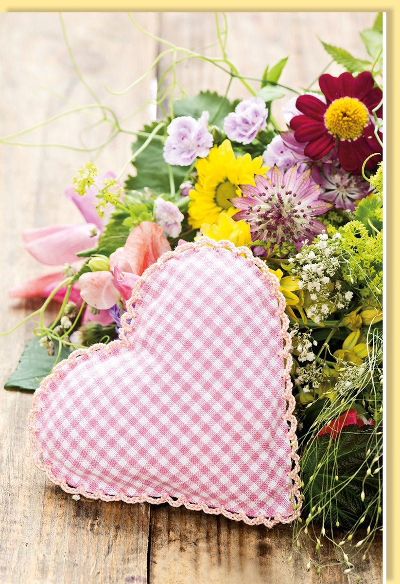 Geburtstags - & Anlass - Doppelkarte – Handgemachte Grußkarte mit Stoff - Herz, Blumenmotiv, Blanko für Liebe & Freundschaft, Dankeschön, Muttertag, Valentinstag – Vintage Rustikal Design in Rosa für Frauen und Paare