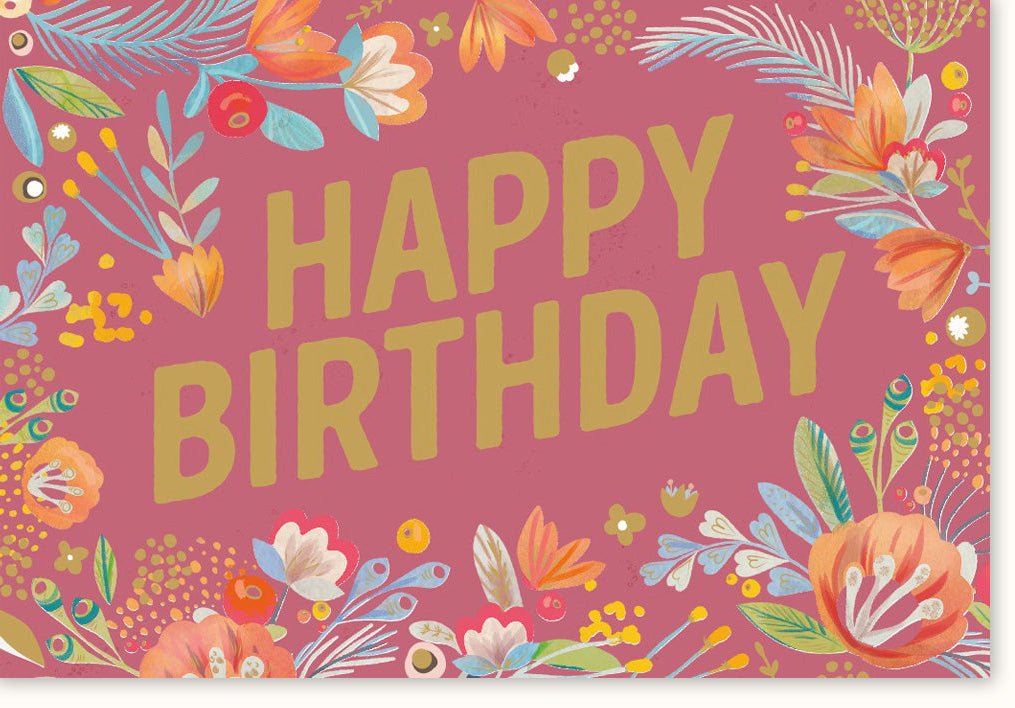 Geburtstags - Doppelkarte für Frauen: Fröhliche Blumen - Illustration in Rosa, Orange & Gelb, Bunte Äste & Florales Design, Glückwunschkarte für Erwachsene, Jubiläum & Feierlichkeiten, Grußkarte mit Umschlag