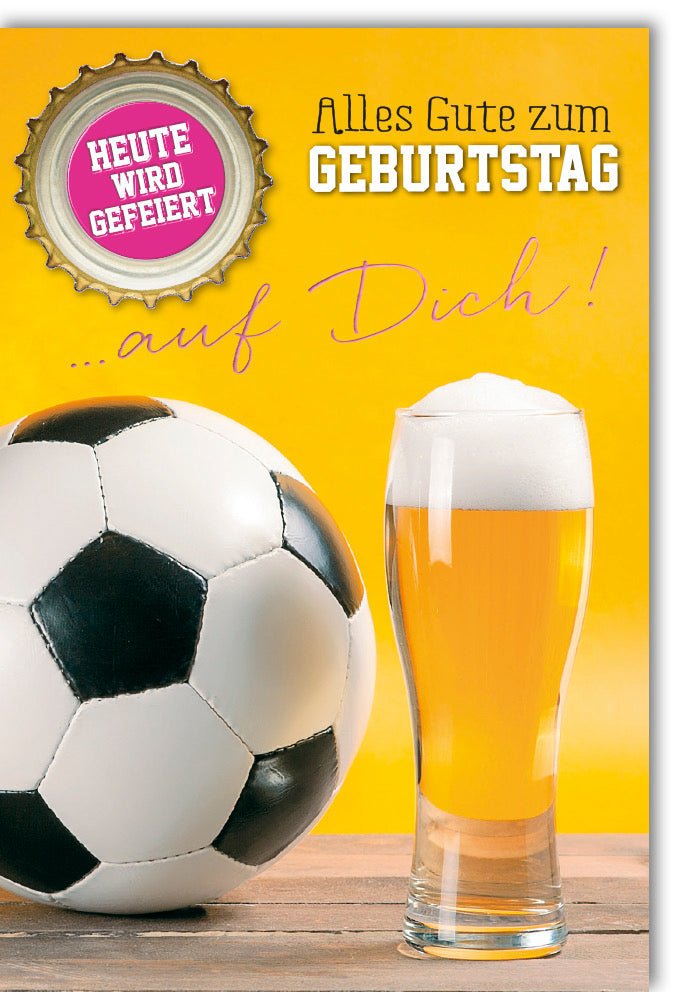 Geburtstags - Doppelkarte für Männer - Fußball & Bier Motiv, Glückwunsch zur Feier, Cheers Prost Design, Gratulationskarte