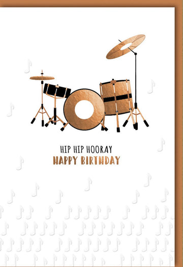 Geburtstags - Doppelkarte für Musiker: Schlagzeug - Motiv, "Hip Hip Hooray" Happy Birthday, Moderne Glückwunschkarte mit Party - Flair