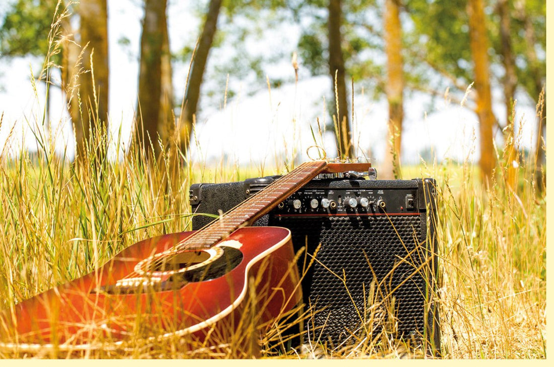 Geburtstags - Doppelkarte für Musiker: Sommerliches Feld mit Gitarre & Verstärker, Musikinstrumente im Sonnenuntergang, Entspannung im Landleben, Ruhe & Freizeit - Motiv, Blanko Fotogrußkarte in Grün - Gelb, Ideales Geschenk für Natur - & Musikerfreunde