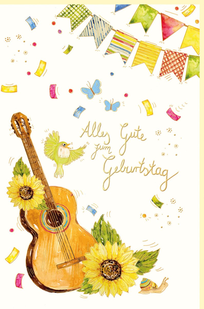 Geburtstags - Doppelkarte für Musikliebhaber: Handgemachte Glückwunschkarte mit Gitarre, Vogel & Girlande - Naturkarton mit Goldfolie & Blindprägung - Bunte Sonnenblumen - Design, Umweltfreundlich, Festlich für Musiker, Freunde & Familie - Gelb