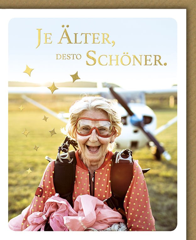 Geburtstags - Doppelkarte für Senioren: Glückwunsch mit Humor & Abenteuer - Fallschirmsprung - Motiv, Inspirierender Spruch & Freude am Alter
