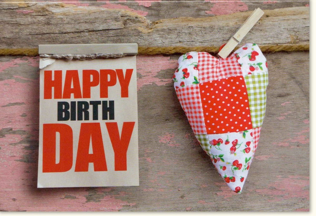 Geburtstags - Doppelkarte "Happy Birthday" - Bunte Herz - Glückwunschkarte mit Kalendermotiv, Ideal für Feier & Jahrestag, Festliche Gratulationskarte zum Verschenken, Freude & Party Wünsche Postkarte