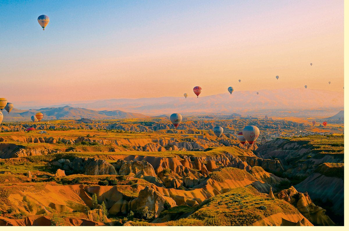 Geburtstags - Doppelkarte "Himmelsreise" – Ballons im Sonnenuntergang, Naturpanorama mit Freiheitsgefühl, Outdoor - Abenteuer Motiv