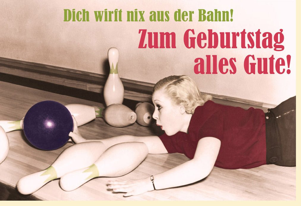 Geburtstags - Doppelkarte im Retro Bowling Design – Vintage Stil Nostalgie, Humorvolle & Originelle Glückwunschkarte für Erwachsene, Unisex Farben Beige & Braun, Einzigartiges Geschenk