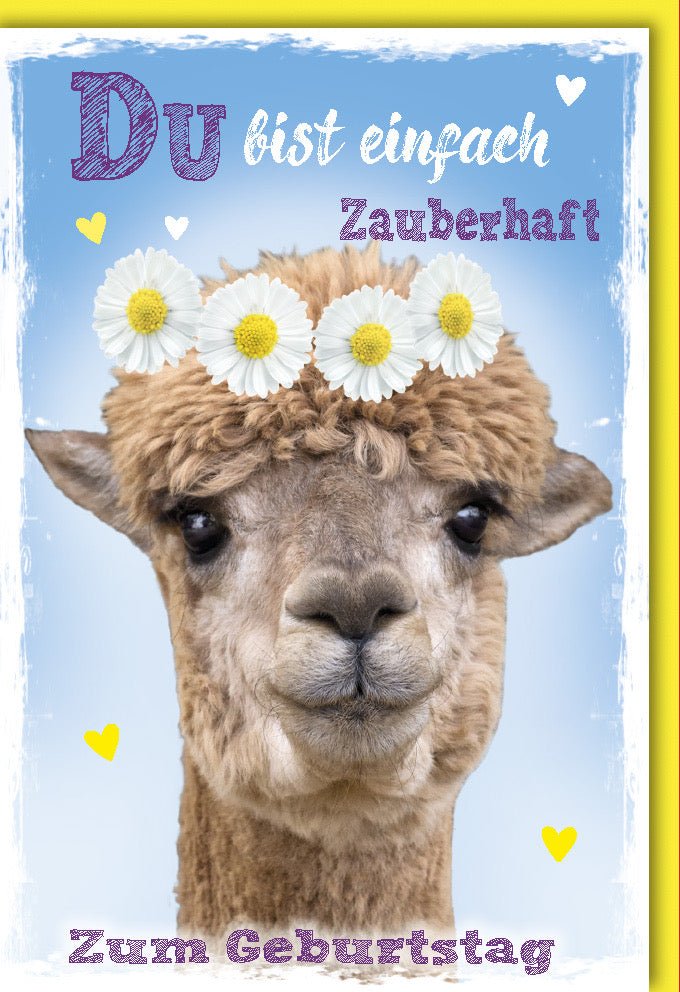 Geburtstags - Doppelkarte mit Alpaka - Motiv: Zauberhafte Glückwunsch - Karte voller Liebe & Blumen, Herzchen - Design für Freude & Festlichkeit, Originelle Gratulationskarte mit Tiermotiv, Happy Birthday Spaß & Humor