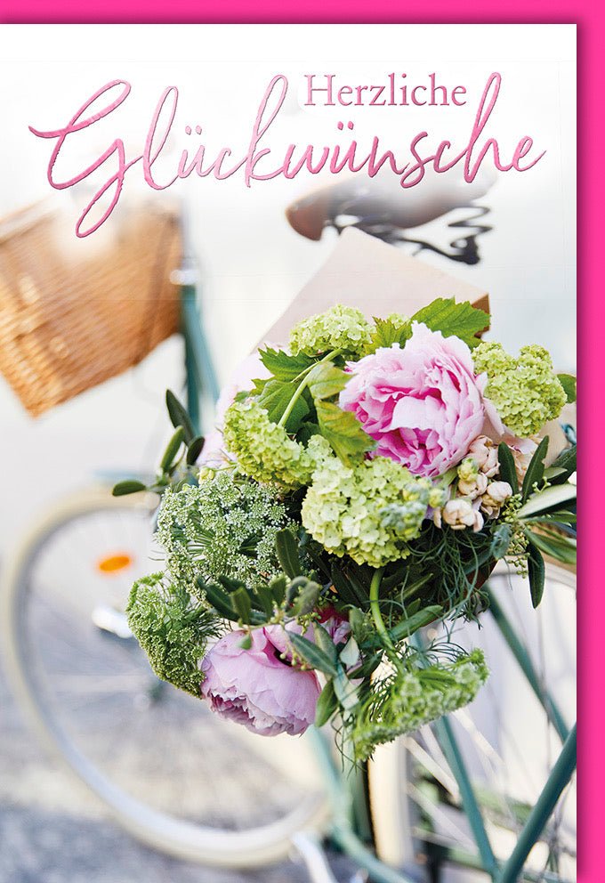 Geburtstags - Doppelkarte mit Blumen & Fahrrad - Herzliche Glückwünsche in Rosa, Elegante Gratulationskarte zur Feier