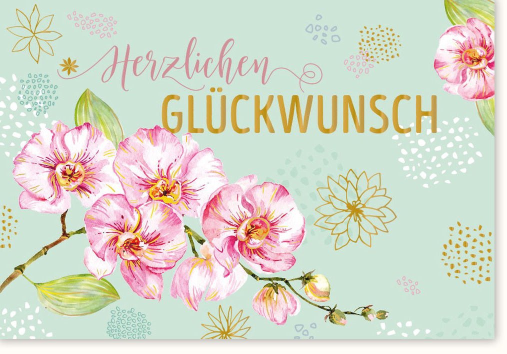 Geburtstags - Doppelkarte mit Blumen Illustration und Moderner Kalligrafie - Herzlichen Glückwunsch, Pastellfarben Design Grußkarte