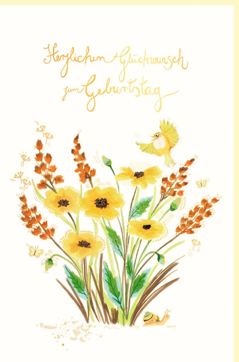 Geburtstags - Doppelkarte mit Blumen & Vogel Design - Elegante Glückwunschkarte in Gelb, Goldfolie & Blindprägung auf Naturkarton, Stilvolle Gratulationskarte für Frauen, Premium Florales Muster