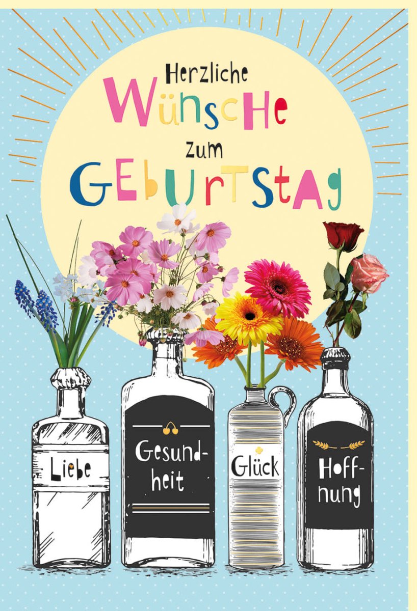Geburtstags - Doppelkarte mit Blumendesign: Handgeschriebene Glückwunschkarte, Naturkarton mit Goldfolie, Vintage - Stil für Frauen und Männer, Blau & Gelb, Liebevolle Geburtstagsgrüße voller Liebe, Gesundheit und Glück