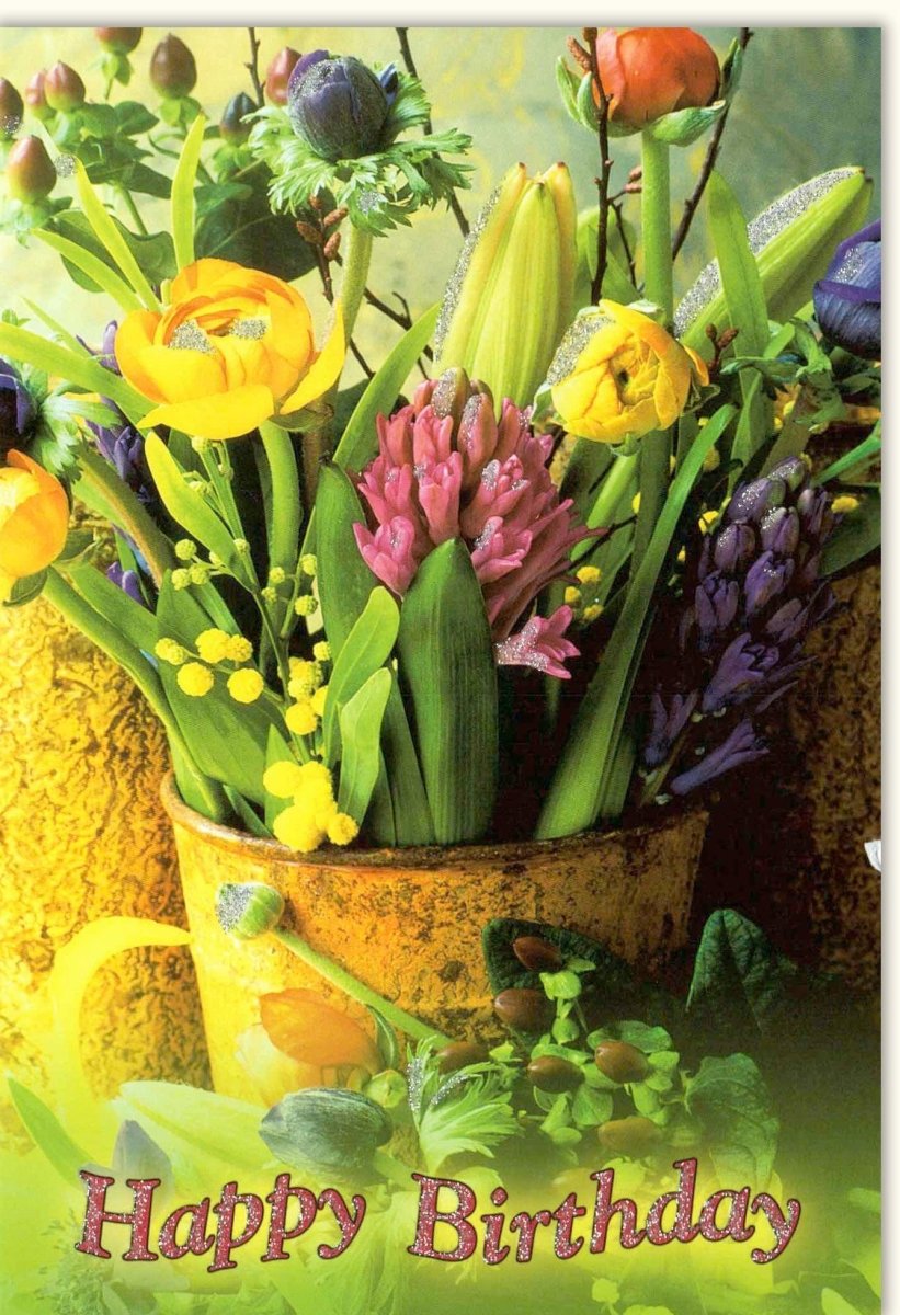 Geburtstags - Doppelkarte mit Blumenstrauß - "Happy Birthday" Gelb & Grün, Tulpen und Hyazinthen Design, Frühlingsblumen Grußkarte für Festlichkeiten
