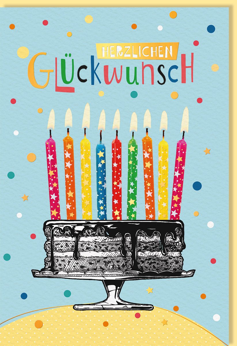 Geburtstags - Doppelkarte mit buntem Tortenbild und Kerzen - Fröhliche Glückwunschkarte zur Feier, Illustration für Kinder & Erwachsene, Party Einladung & Jubiläumsgruß, Blaue Papeterie Schreibwaren
