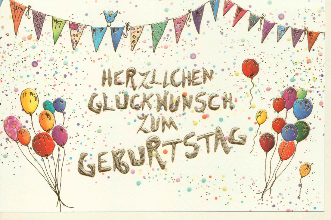 Geburtstags - Doppelkarte mit bunten Ballons, Konfetti & Wimpelkette – Herzlichen Glückwunsch & Festliche Celebration – Happy Birthday Grußkarte