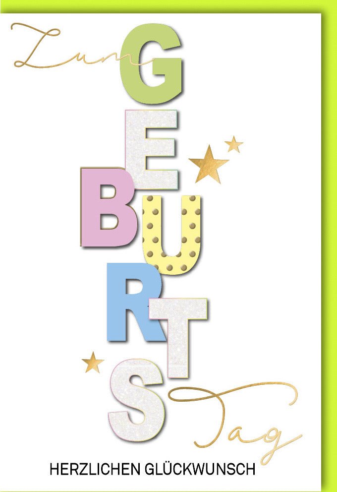 Geburtstags - Doppelkarte mit bunten Buchstaben - Herzlichen Glückwunsch Grußkarte, Fröhliche Party Dekoration für Freunde & Familie, Pastellgelb mit Sternen, Ideal für Kinder & Erwachsene Jubiläumsfeiern