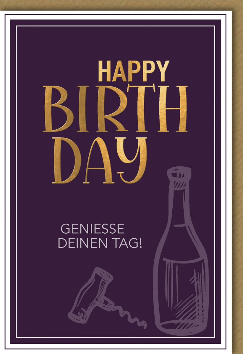 Geburtstags - Doppelkarte mit Eleganter Goldener Schriftzug, Glückwunschkarte zum Anstoßen mit Sektflasche, Champagner Feier Motiv, Edle Gratulationskarte für Geburtstagsfeierlichkeit