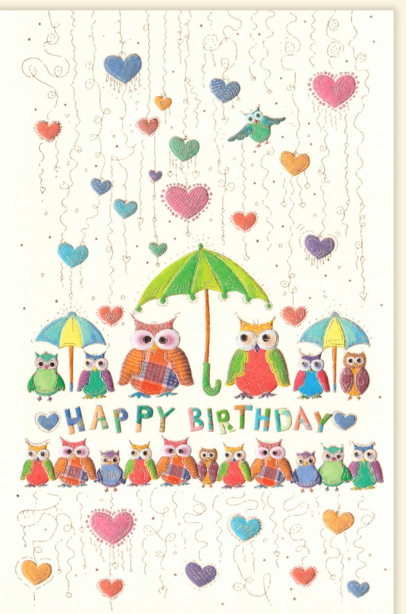 Geburtstags - Doppelkarte mit Eulen - Motiv: Handgemachte Glückwunsch - Karte, Happy Birthday, Herzchen & Konfetti Design, Farbenfrohe Jubiläums - Feier Illustration – Premium Qualität