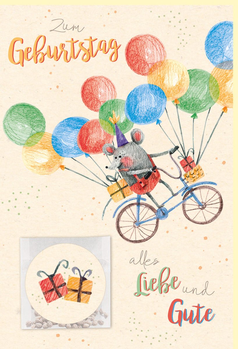 Geburtstags - Doppelkarte mit Fahrrad & Bunten Luftballons - Öko - Freundliche Glückwunschkarte aus Zuckerrohrpapier, Inkl. Samentütchen & Aufkleber, Nachhaltige Geschenkidee für Kinder & Erwachsene, Fröhliches Design in Orange