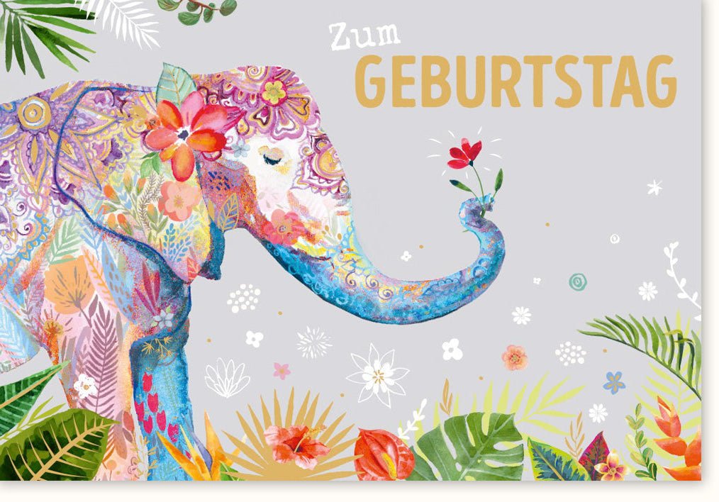 Geburtstags - Doppelkarte mit fröhlichem Elefanten & Blumen Illustration - Bunte Glückwunschkarte für Geburtstagsglückwünsche, Feier & Gratulation - "Happy Birthday" Grußkarte