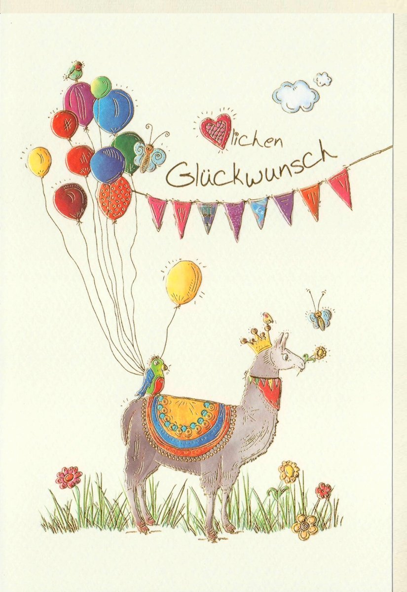 Geburtstags - Doppelkarte mit fröhlichem Lama & Ballons – Herzlichen Glückwunsch, bunte Blumen & Wimpelkette Illustration, Festliche Gratulationskarte