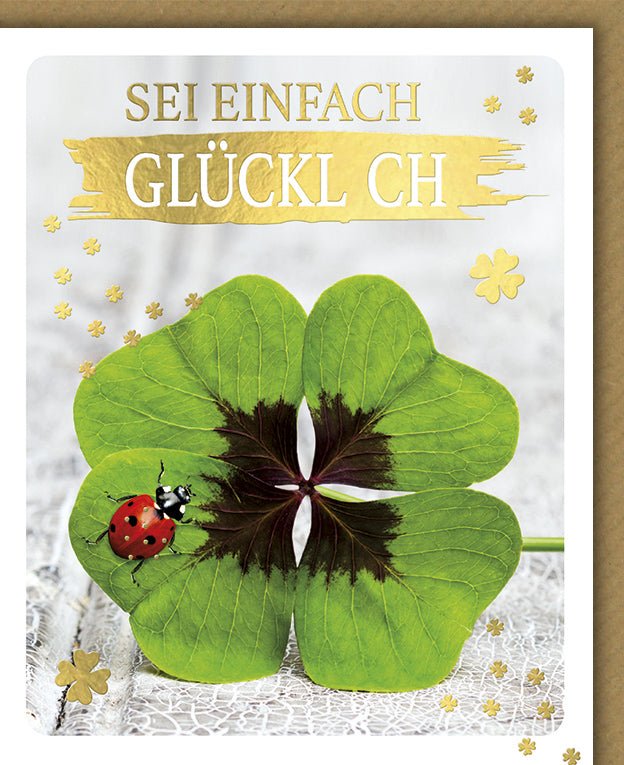 Geburtstags - Doppelkarte mit Glücksklee & Marienkäfer - Elegantes Design, Goldener Schriftzug, Naturmotiv für Feier & Jubiläum, Edle Gratulationskarte
