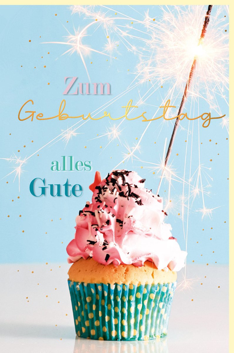 Geburtstags - Doppelkarte mit Goldfolie - Cupcake & Wunderkerze Design, Glückwunsch & Gratulationskarte