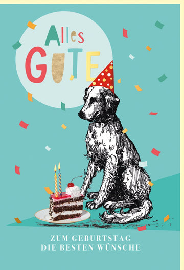 Geburtstags - Doppelkarte mit Hund im Partyhut: Lustige Glückwunschkarte mit Tortenstück, Naturkarton & Goldfolie, Tiermotiv Geburtstagskarte für Hundefreunde, Konfetti Illustration, Türkis Grußkarte