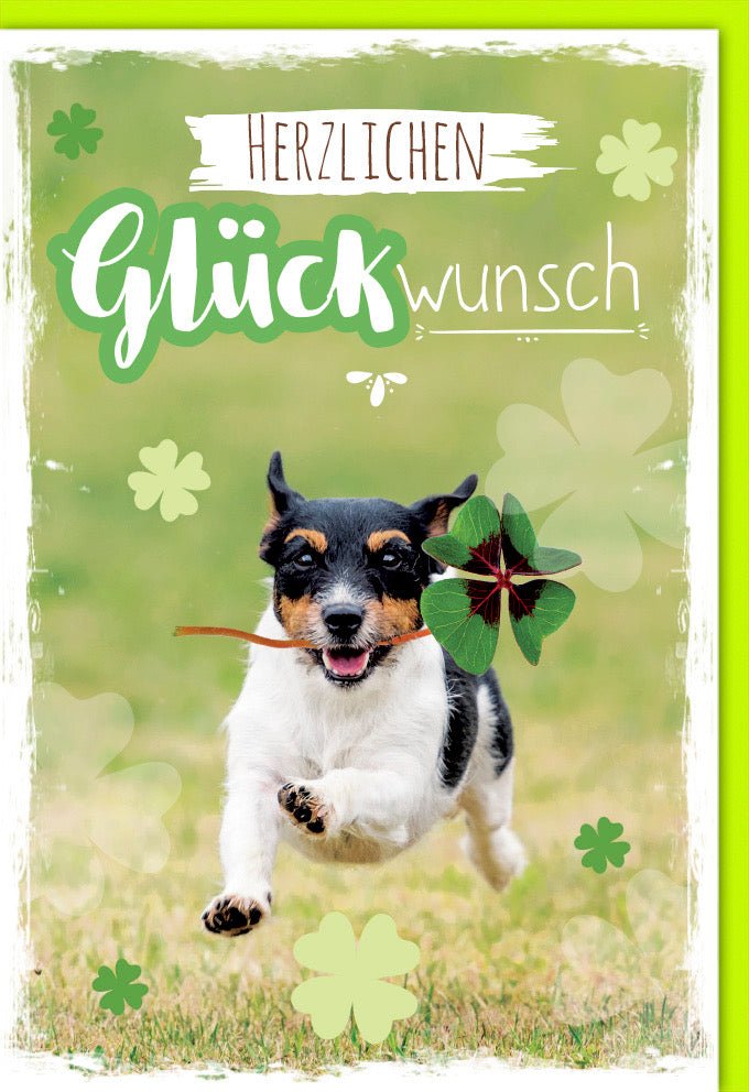 Geburtstags - Doppelkarte mit Hund & Kleeblatt: Glückwunschkarte für Feier, Jubel & Liebe - Herzlichen Glückwunsch Grußkarte