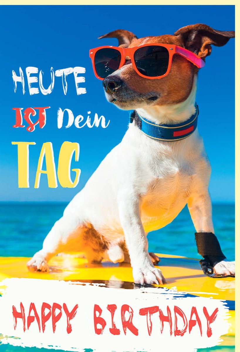Geburtstags - Doppelkarte mit Hund, Sonnenbrille & Strandmotiv - Witzige Glückwunschkarte, Farbenfroh und Cool