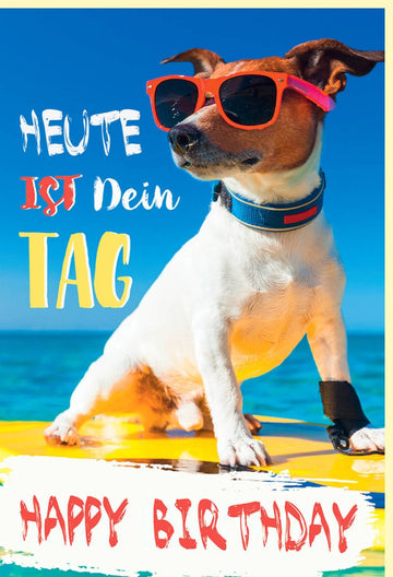 Geburtstags - Doppelkarte mit Hund, Sonnenbrille & Strandmotiv - Witzige Glückwunschkarte, Farbenfroh und Cool