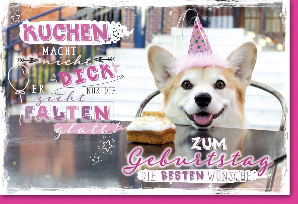 Geburtstags - Doppelkarte mit Hundemotiv: Lustige Glückwunschkarte mit Kuchen, Partyhut & Spruch