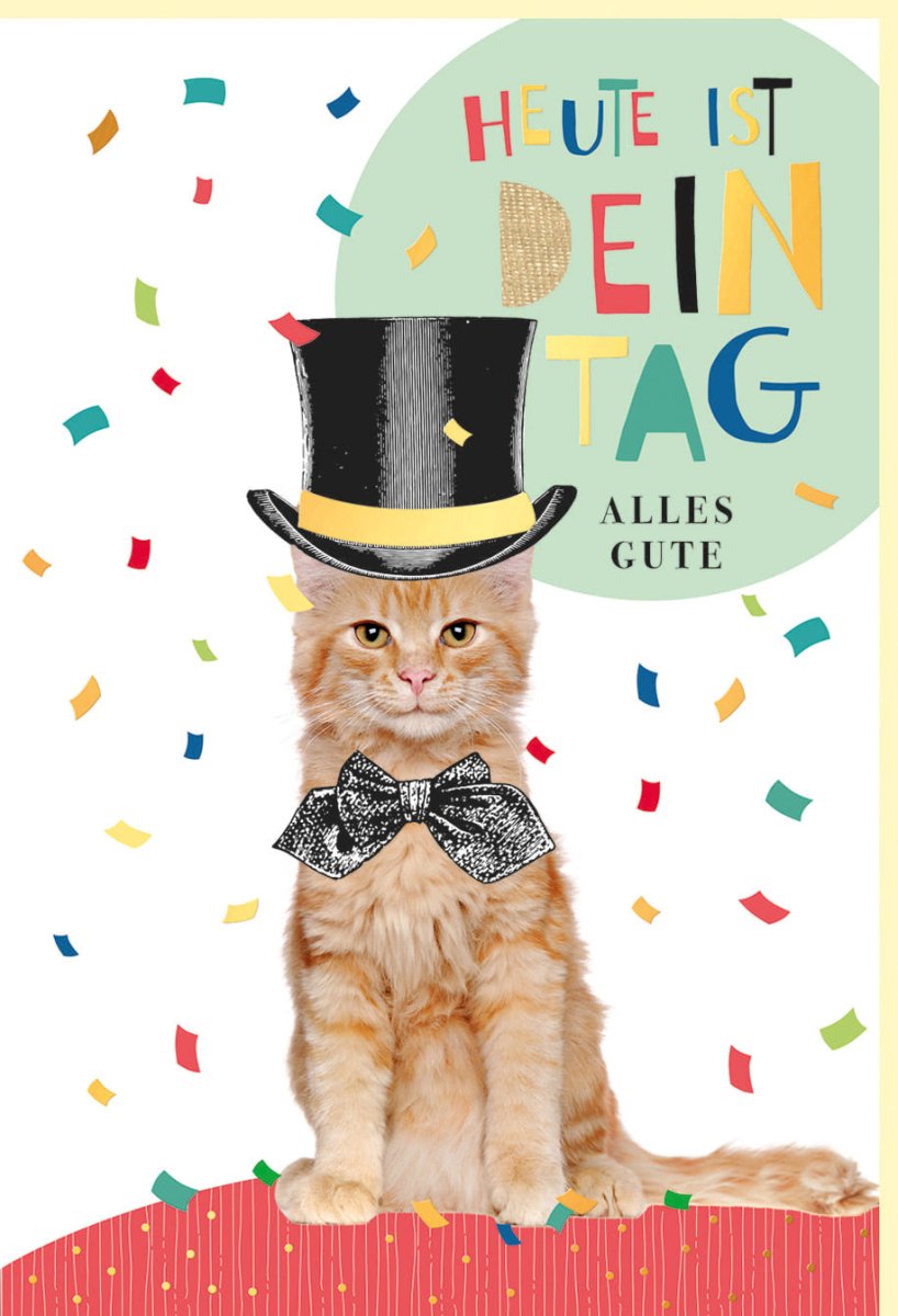 Geburtstags - Doppelkarte mit Katze im Zylinder, Naturkarton & Goldfolie – Festliche Glückwunschkarte mit Torte & Konfetti