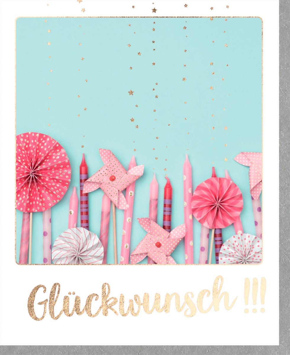 Geburtstags - Doppelkarte mit Kerzen & Windrädchen – Rosa Sterne Glitzer, Festliche Glückwunschkarte voller Freude, 150 Zeichen