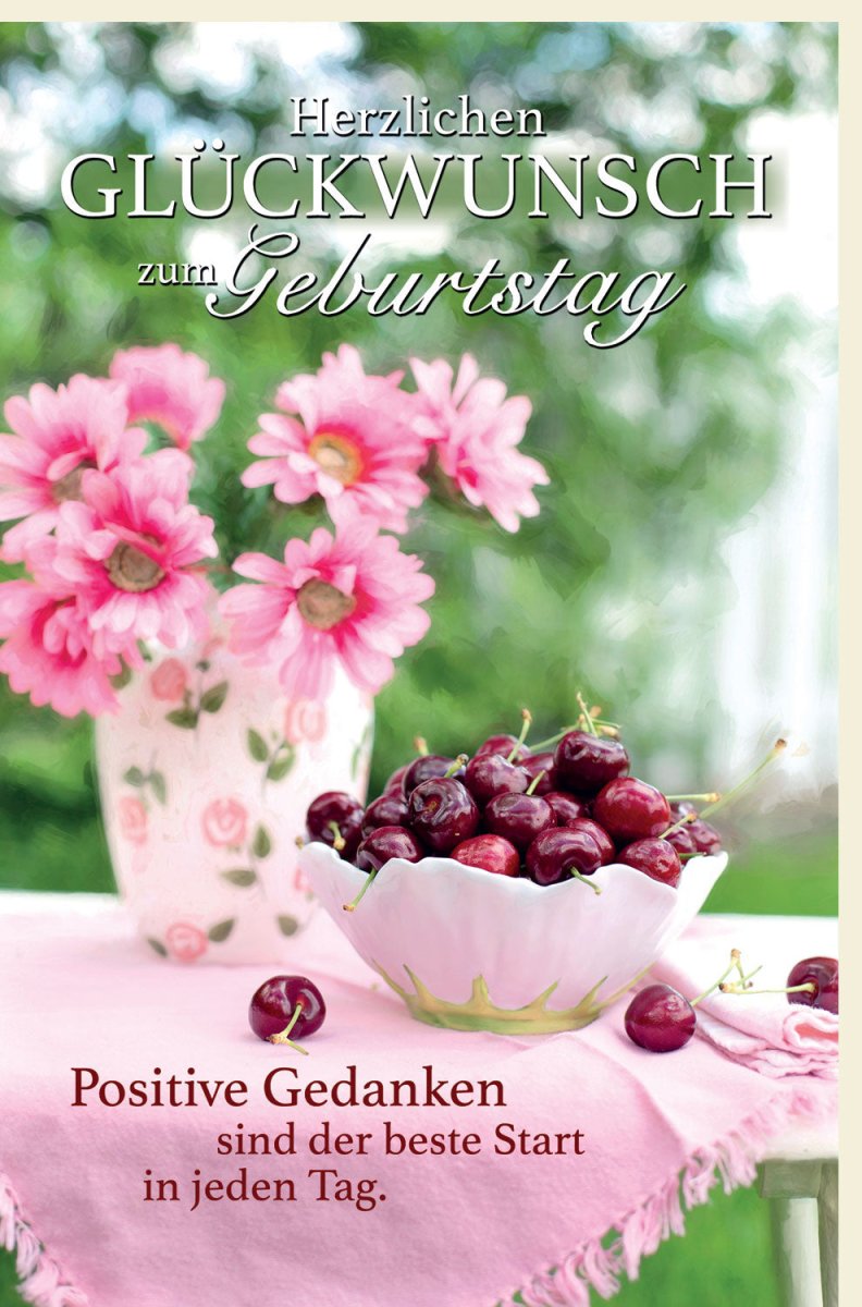 Geburtstags - Doppelkarte mit Kirschmotiv: Rosa Blumenstrauß & Früchte, Sommerliche Glückwünsche, Festlicher Geburtstagsgruß