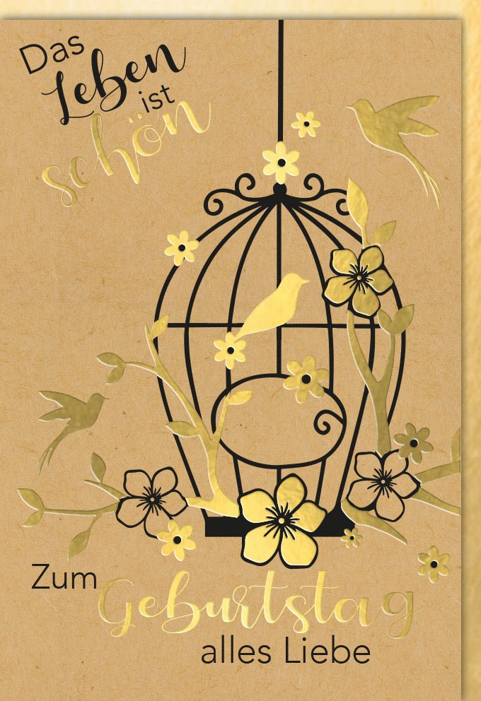 Geburtstags - Doppelkarte mit Kraftpapier - Vogelkäfig Design, Goldene Blüten, Liebe & Leben Glückwunschkart