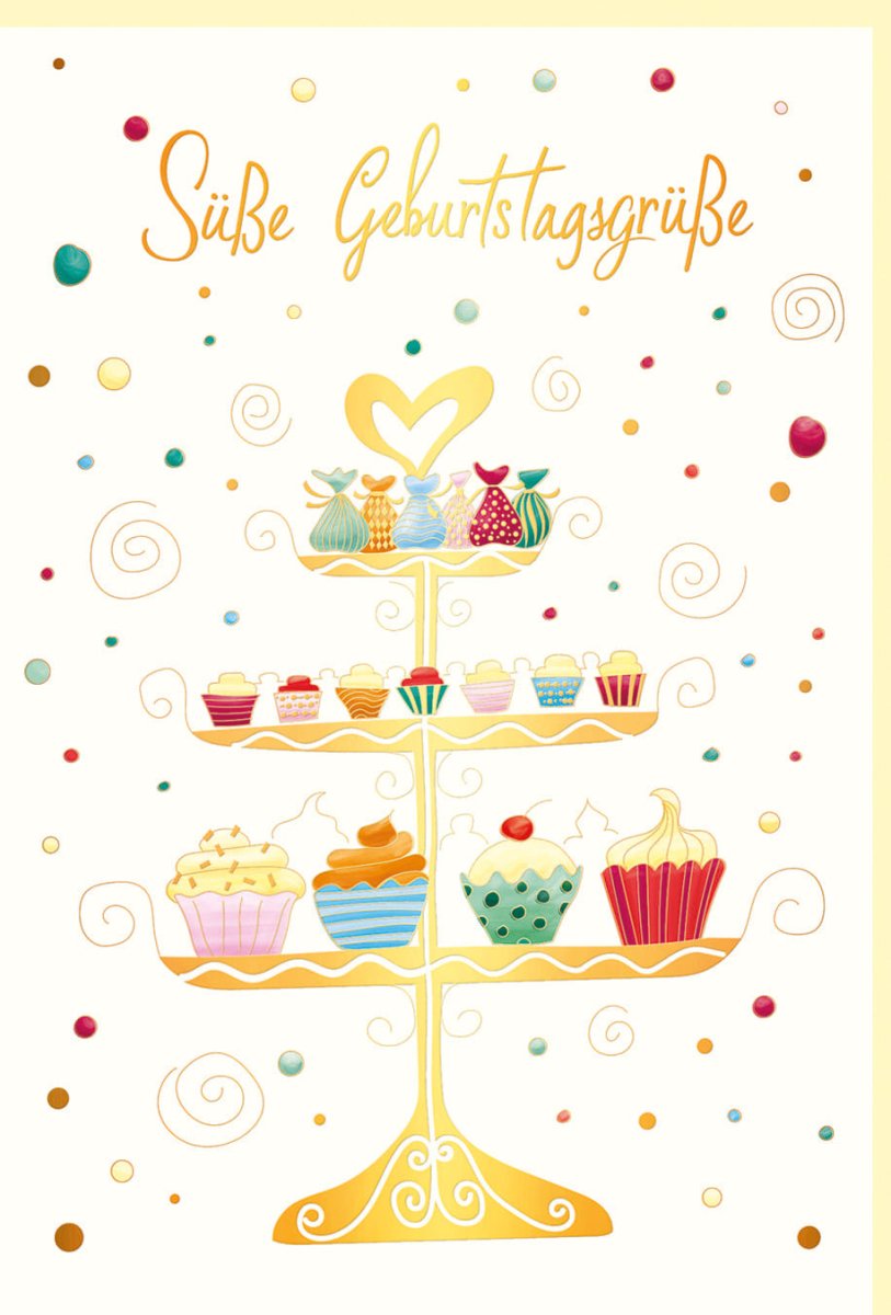 Geburtstags - Doppelkarte mit Kuchenetagere & Muffins Design, Bunte Glückwunschkarte auf Naturkarton, Goldfolie & Blindprägung, Pastellfarben für Erwachsene und Kinder
