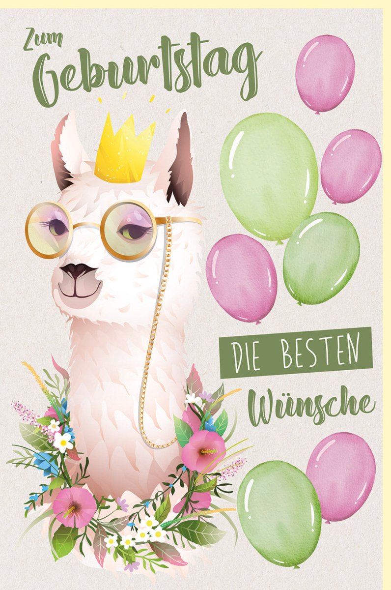 Geburtstags - Doppelkarte mit Lama - Motiv: Witzige Glückwunschkarte mit Krone, Brille & Blumenkranz, Bunte Luftballons, Tierisches Design für Kinder & Erwachsene, Rosa/Grün, Originelle Geburtstagsgrüße
