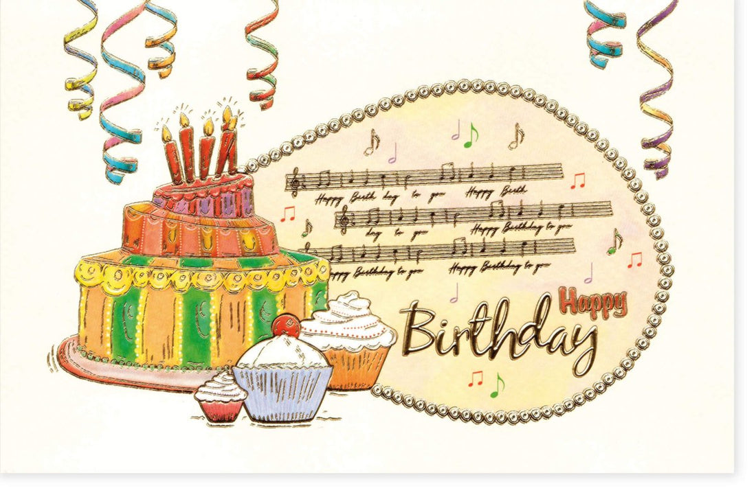 Geburtstags - Doppelkarte mit Musiknoten & Torte - Bunte Glückwunschkarte, Cupcake, Konfetti, Party Kerzen & Happy Birthday Motiv