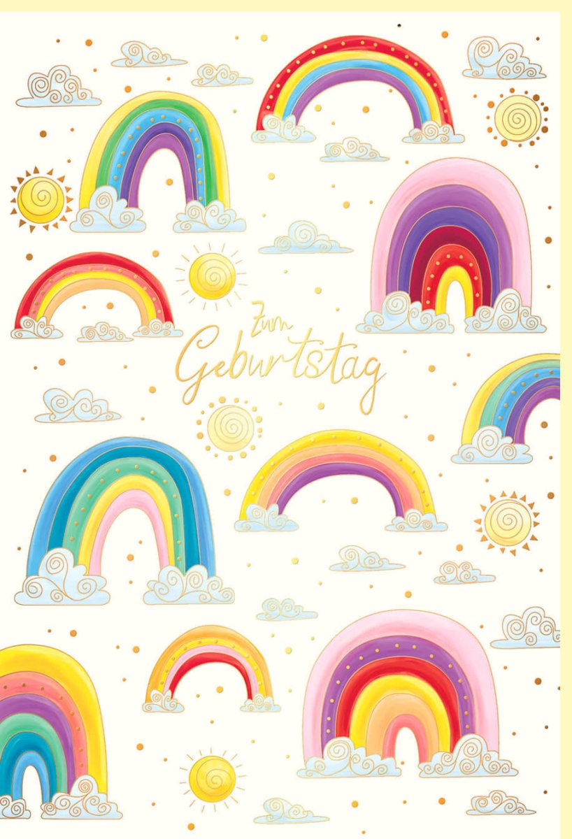 Geburtstags - Doppelkarte mit Regenbogen - und Wolkenmotiven – Bunte Glückwunschkarte für Kinder & Erwachsene auf Naturkarton mit Goldfolie & Blindprägung, Pastellfarben