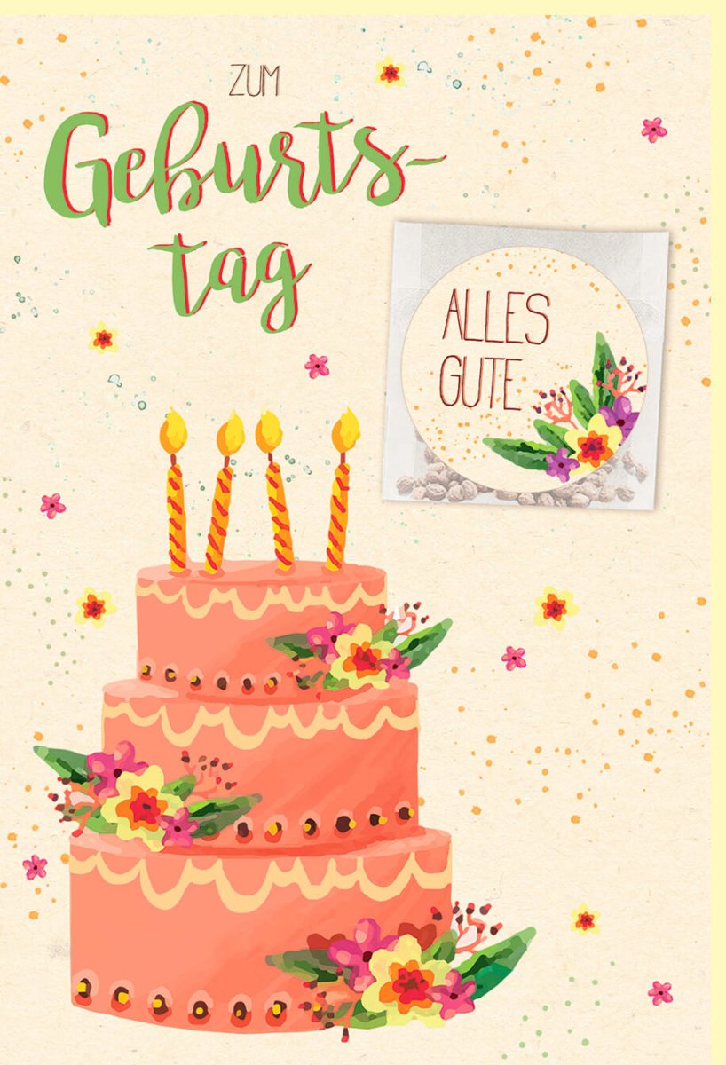 Geburtstags - Doppelkarte mit Samentütchen - Umweltfreundliche Glückwunschkarte, Zuckerrohrpapier, Bunte Torte & Kerzen Design, Nachhaltige Geschenkidee für Freunde & Familie, Fröhliche Party Feier - Orange Blumen Motiv